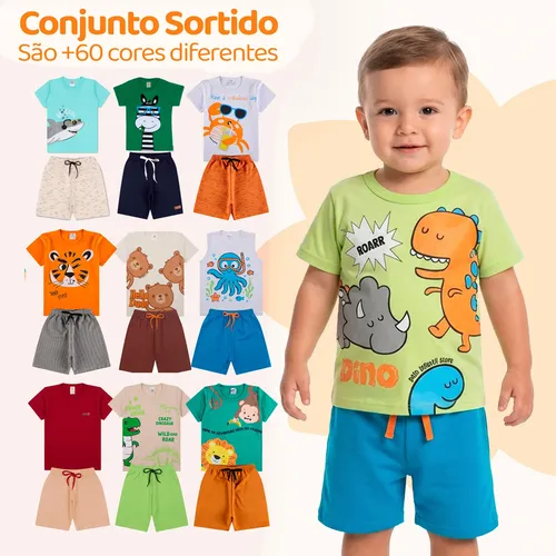 Kit Infantil 10 Peças Menino Conjunto 5 Shorts+5 Camisetas Kit 5 Conjuntos Infantil 8 Peças 2 - Veste 1 Ano
