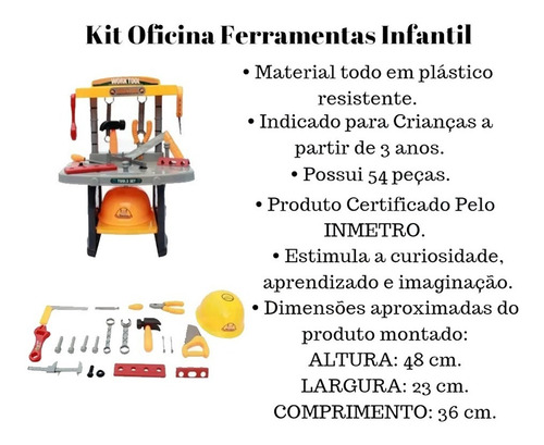 Kit Bancada Oficina Infantil Com Ferramentas 54 Peças