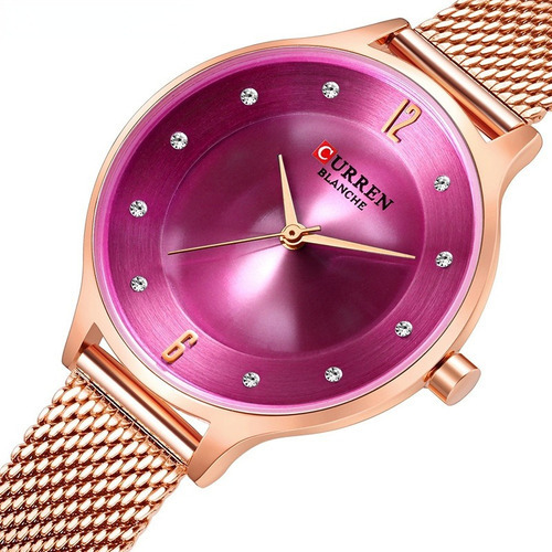 Relógio de malha impermeável Curren para mulheres Rose Rouge Bezel Color