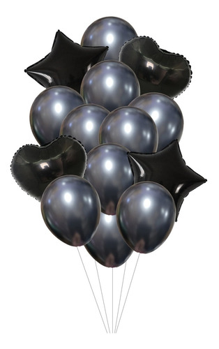 Set 14 Globos Metalizados Cumpleaños Estrella Corazón Negro