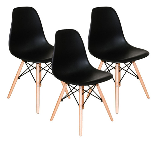 Kit 3 Cadeiras Charles Eames Eiffel Wood Pretas