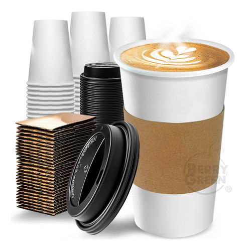 500 Vasos Blancos Para Café Apilables De 20 Oz Desechables Con Tapa Negra Y Manga Fácil de Personalizar