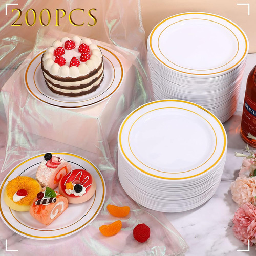 200 Platos Desechables De Plástico Para Fiestas Con Borde, P