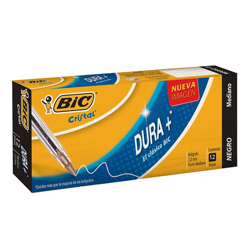 12 Plumas Bic Cristal Dura + Bolígrafo Punto Mediano Negro