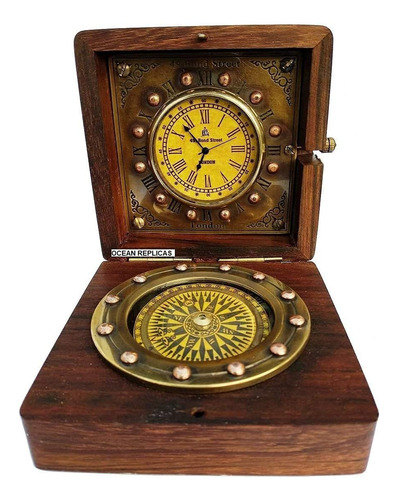 Auténtico Reloj Con Brújula En Caja De Madera De Rosa, Regal