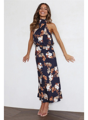 Vestido Estampado Sin Mangas Con Cuello Halter Verano Mujer