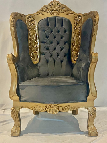 Sillón Reina Victoria - Terciopelo Gris Acabado Oro