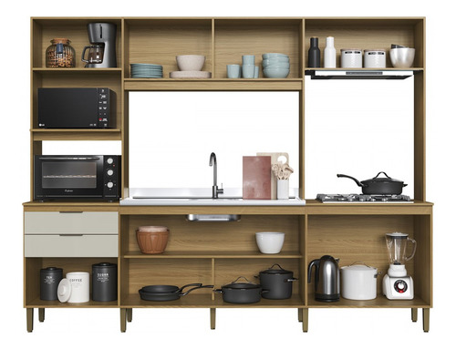 Cocina completa 8 puertas 2 cajones Co2823 iPê/Cristalo - Color Beige
