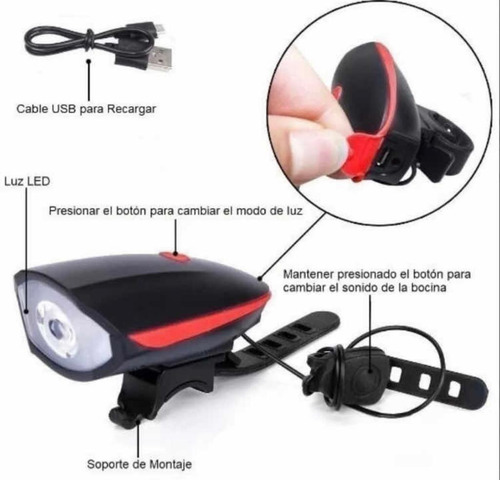 Imagen 6 de 8 de Luz Bici Delantera Led Usb Recargable 3 Funciones Con Bocina
