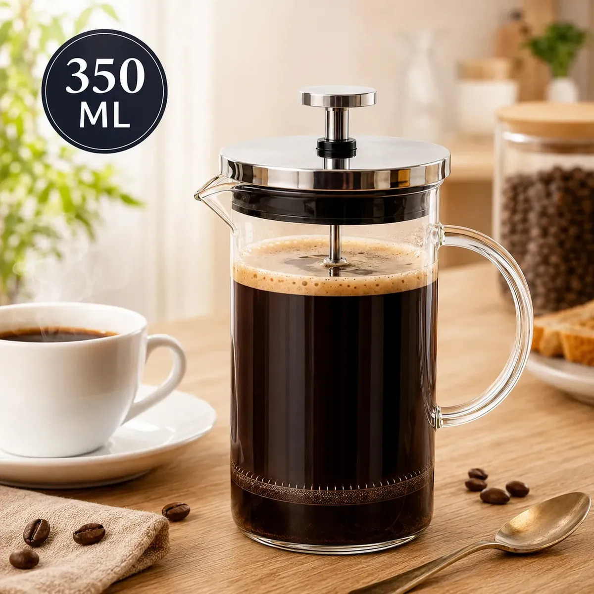 Prensa Francesa Cafeteira Vidro Borossilicato 350 ML Inox Café Chá Filtro Reutilizável Manual Resistente Premium Para Casa Cozinha Sólar
