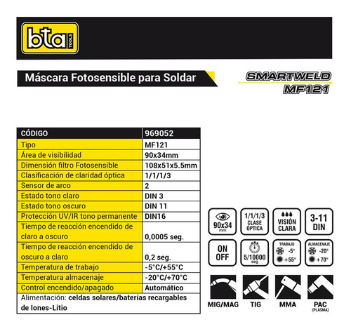 Imagen 4 de 7 de Careta Máscara Soldar Fotosensible Bta Mf121 Simil Esab A-20