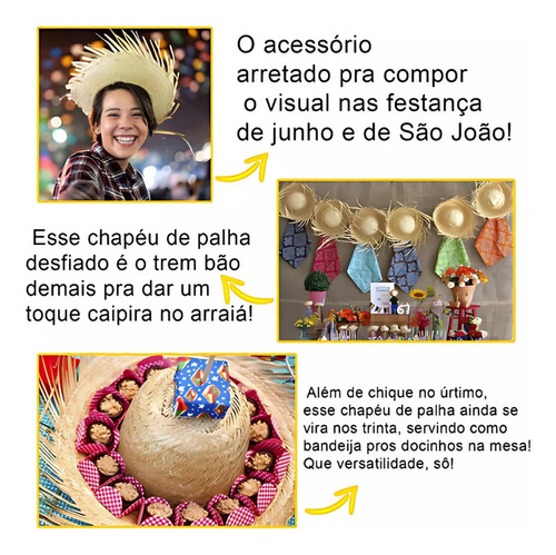 Kit 10x Chapéu Palha Desfiado Festa Junina Caipira Arraial Palha Un Chapéu Festa Junina