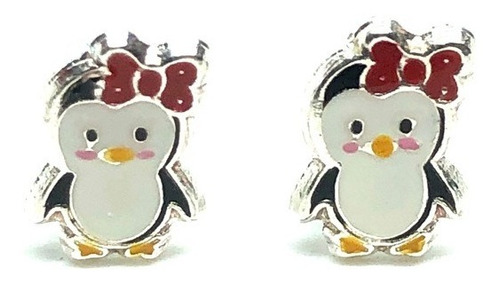 Arete Broquel Pingüino Plata .925 Broche Bolita Y Estuche 