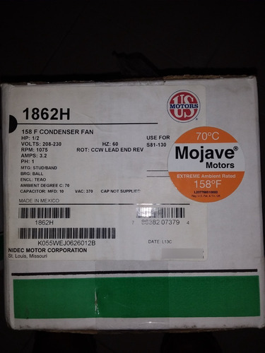 Motor Ventilador 1/2 Hp 220v 1075 Rpm Eje 1/2¨ Us Motors