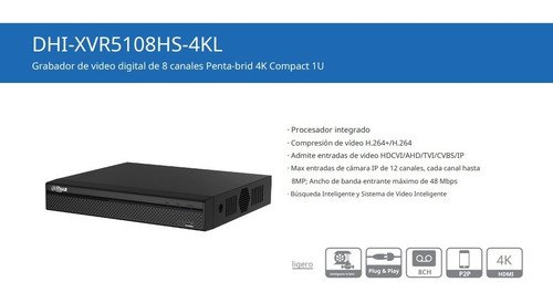 Dvr Dahua De 8 Canales 4k 8mp Dhi-xvr5108hs-4kl Rs485 Onvif