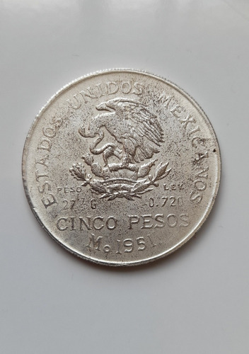 Moneda Cinco Pesos Hidalgo Año 1951 Ley 0720 