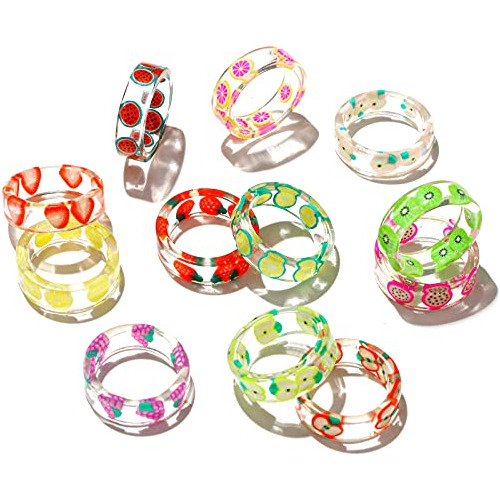 Anillos - 4-12 Pcs Resin Fruit Rings Set Colorful Transparen