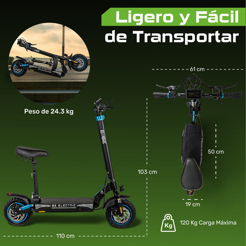 Scooter Electrico Plegable E-be Bx45 Monopatin 45km 1000w Color Negro