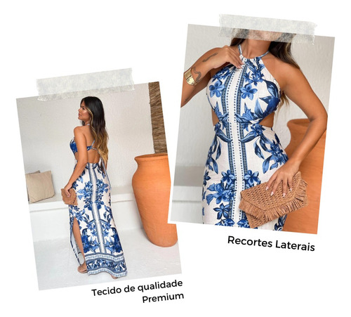 Vestido Feminino Grecia Estilo Farm Boho Azul