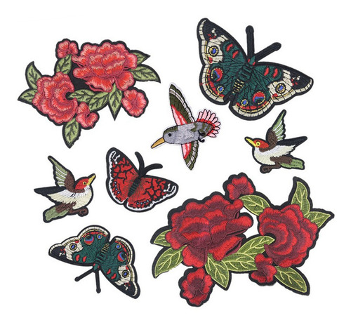 8pcs Costura Bordado Flor Pássaro Patches Etiqueta De Pano