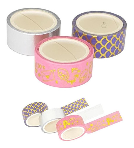 Kit Fita Adesiva Washi Tape Metalizado Foil Beijo 3 Unidades