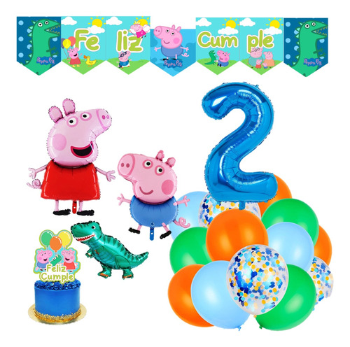 Pack De 16 Globos George Peppa Pig Banderin Topper Dino