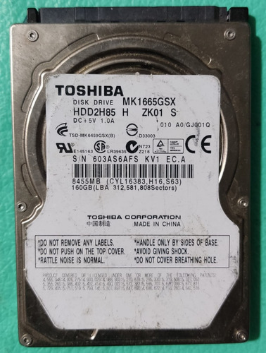 Disco Duro Para Piezas Toshiba Modelo Mk1665gsx De 160gb