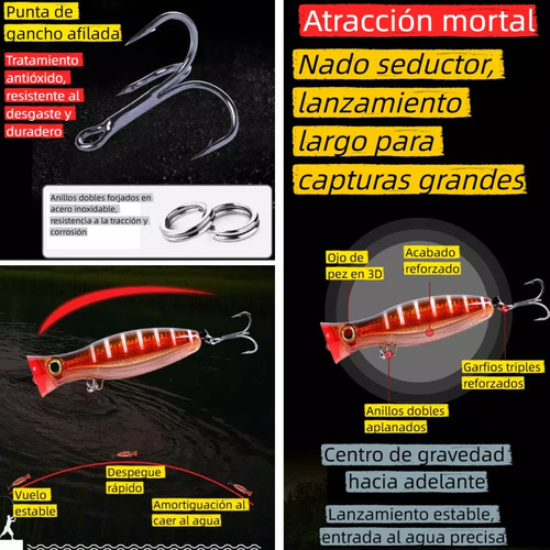4 Señuelos Popper De 43g Kit Pesca Superficial Mar Playa Río