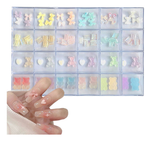 Cristales Perlas Moños Osos Decoracion Uñas + Caja Acrilica Color Moños Y Osos