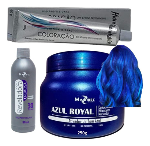  Kit Tinta De Cabelo Profission 1 Coloração 1 Ox 1 Matiz 250g Tom Azul Royal