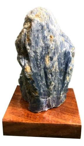 Pedra Cianita Bruta Azul Na Base De Madeira Natural Semi Pre