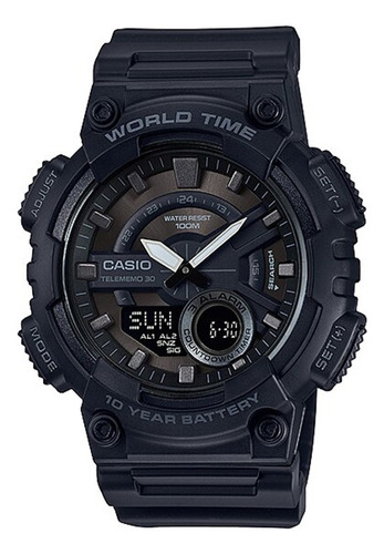 Reloj Casio Caballero Aeq-110w-1bvcf Con 3 Alarmas Color de la correa Negro Color del bisel Negro Color del fondo Negro