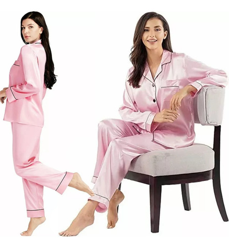 Pijama Mujer Seda Pantalon Largo Camisa Sexy Boton Bolsillos