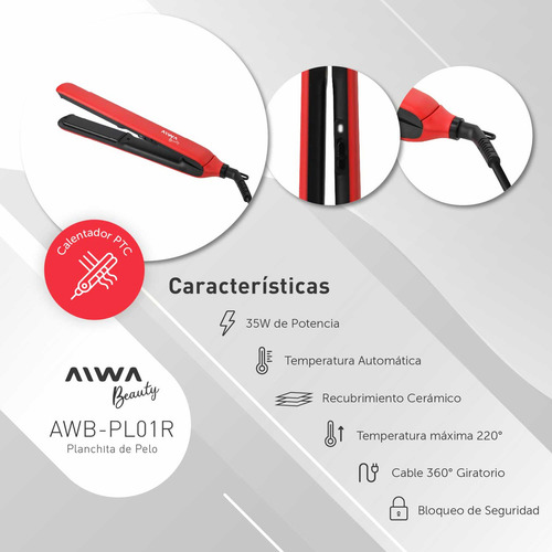 Planchita De Pelo Aiwa Beauty 35w Potencia Placas Cerámicas Botón De Bloqueo Cable Giratorio 360°
