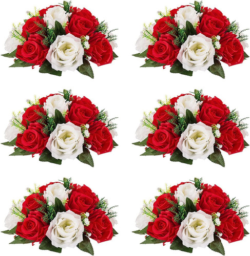 Flores Artificiales 15 Cabezas De Rosas Rojo Y Blan Pack 6u.