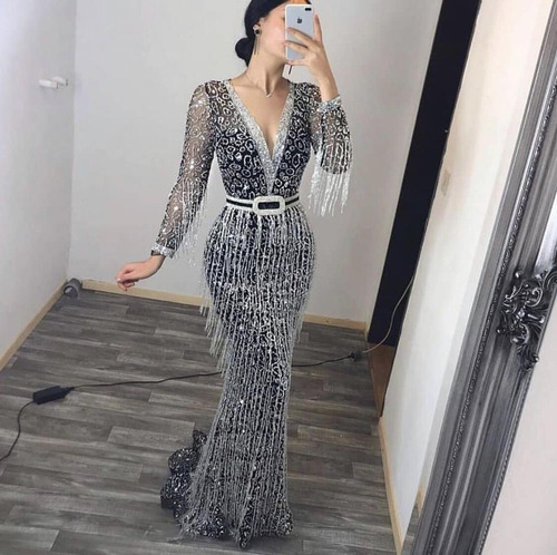 Hot Vestido De Mujer Con Flecos De Lentejuelas Y Manga Larga