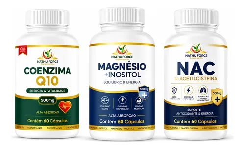 Kit Suplementos Coenzima Q10, Magnésio + Inositol E Nac Multibenefícios