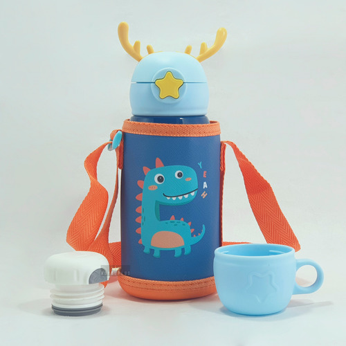 Termo Botella Termica Infantil 500 Ml Reno 2en1 Acero C/taza Azul Dinosaurio