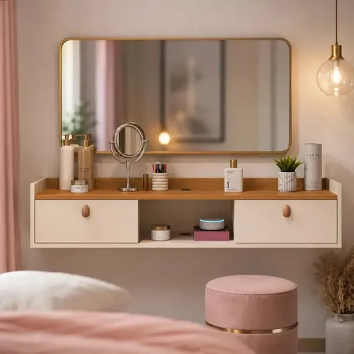 Penteadeira Suspensa 90cm Com 2 Portas  Para Quarto Casal Off-white/cinamomo