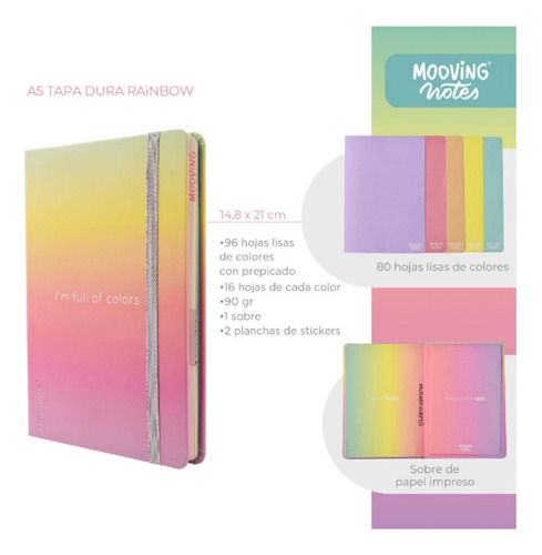 Cuaderno A5 14,8 X 21cm T/dura 96 Hjs Lisas 90grs Mooving Color Rainbow