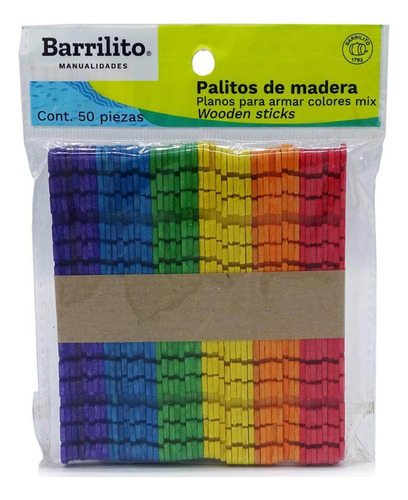 Palitos Planos De Madera A Color C/50pz Barrilito