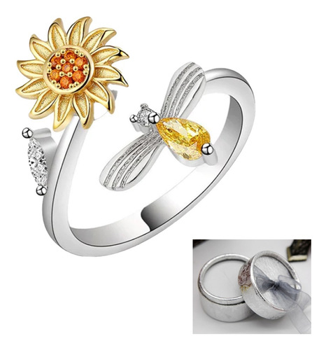 Anillo Flor Girasol Giratorio Plata 925 Antiestres Circonio