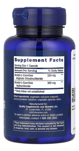 Life Extension Acetil L-carnitina Arginato 620mg 90 Cápsulas