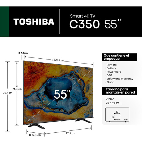 Toshiba Pantalla De 55 55c350nm 4k Ultra Hd Smart Led Fire Tv | Regza Engine Zr | Dolby Vision Atoms | Game Mode | Ai Super 4k Upscaling
