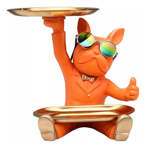 Escultura De Bulldog Francés, Figura De Perro Con Bandeja, Color Naranja