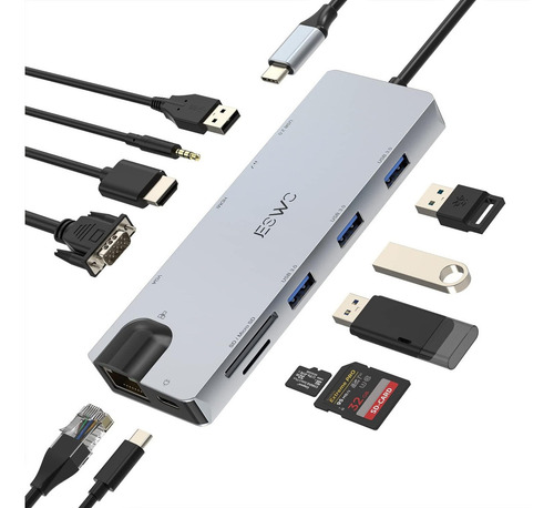 Adaptador Multipuerto Hdmi Hub Usb-c Con Ethernet 11 En 1 Color Plateado
