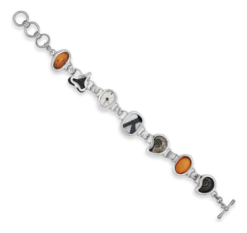 Brazalete Con Ámbar Báltico, Fósiles Y Estaurolita Plata 925