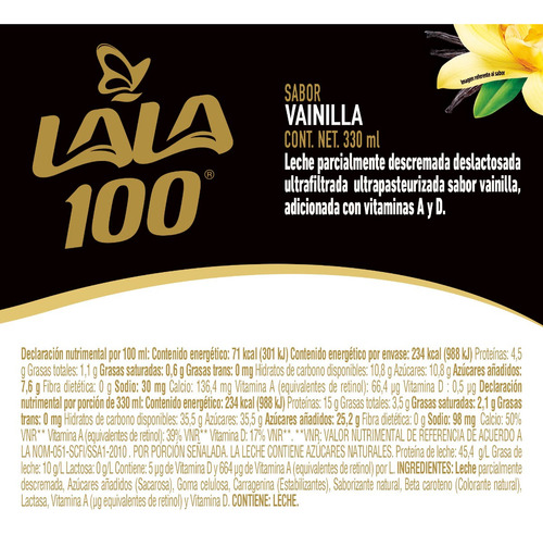 Lala 100 Leche Sin Lactosa Sabor Vainilla. 20 Pzas De 330 Ml