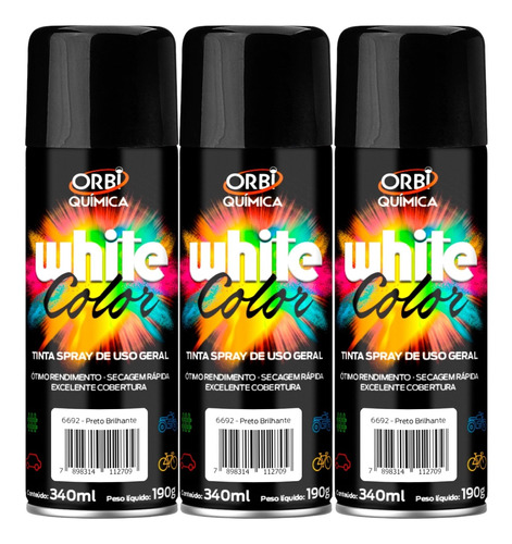 Tinta Spray Preto Brilho Uso Geral Orbi 340ml - 3 Unidades