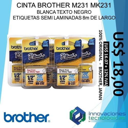 Brother Mk233 M233 Etiqueta Original Ptouch 12mm Pt 90